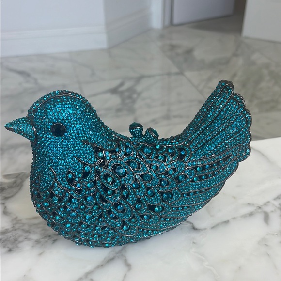 Elegant Rhinestone Blue Bird Clutch with cross body strap